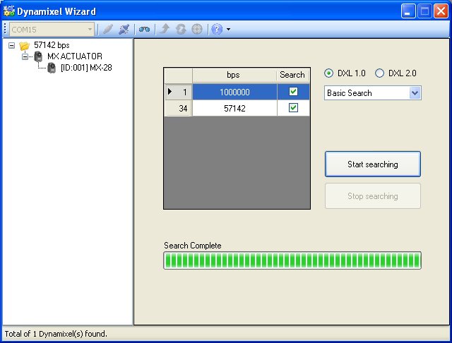 Dynamixel Wizard - Servo Found