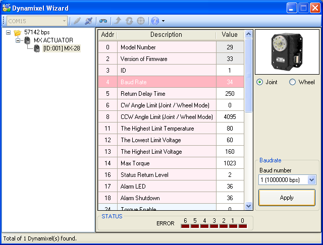 Dynamixel Wizard - Baud Rate setting