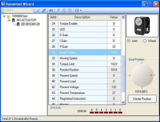Dynamixel Wizard - Servo Position